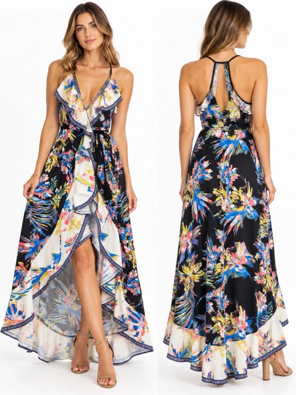 Flying Tomato S Floral High Low Maxi Dress Ruffle Wrap Boho Tropical Resort